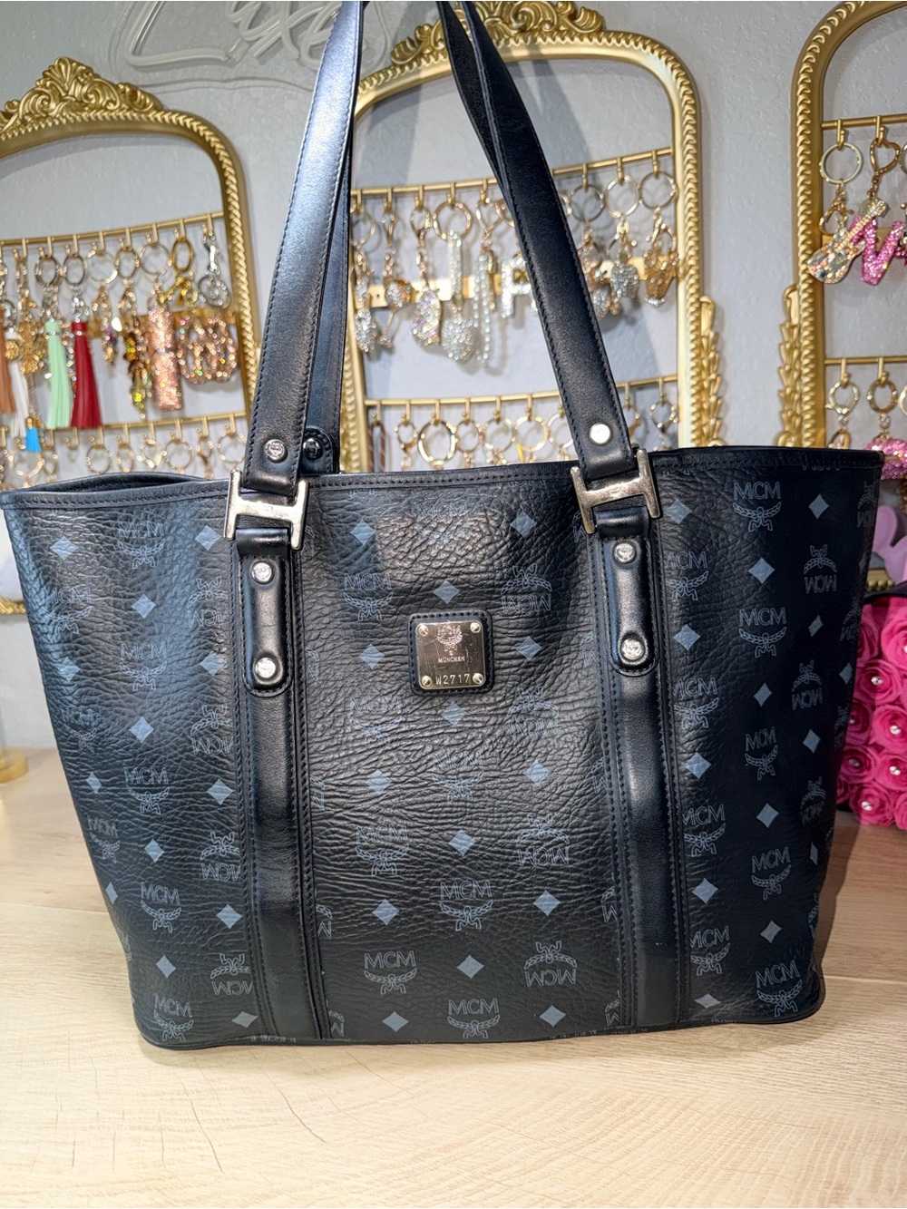 MCM Black Visetos Monogram Tote with Leather Trim
